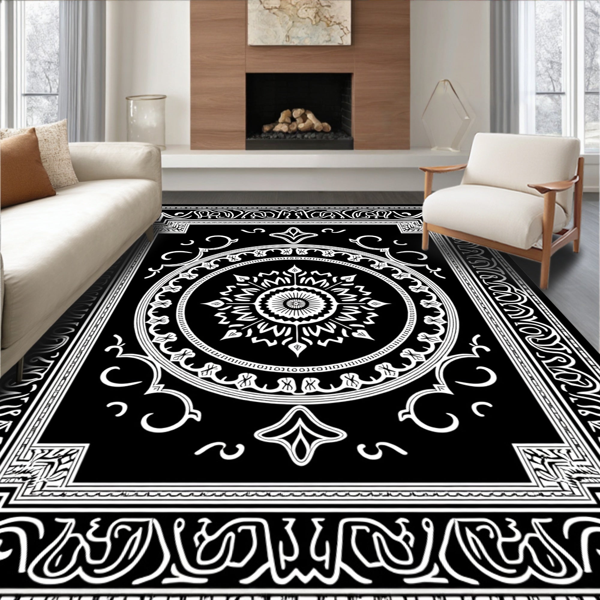 Monochromatic Sunburst Mandala Border Rug
