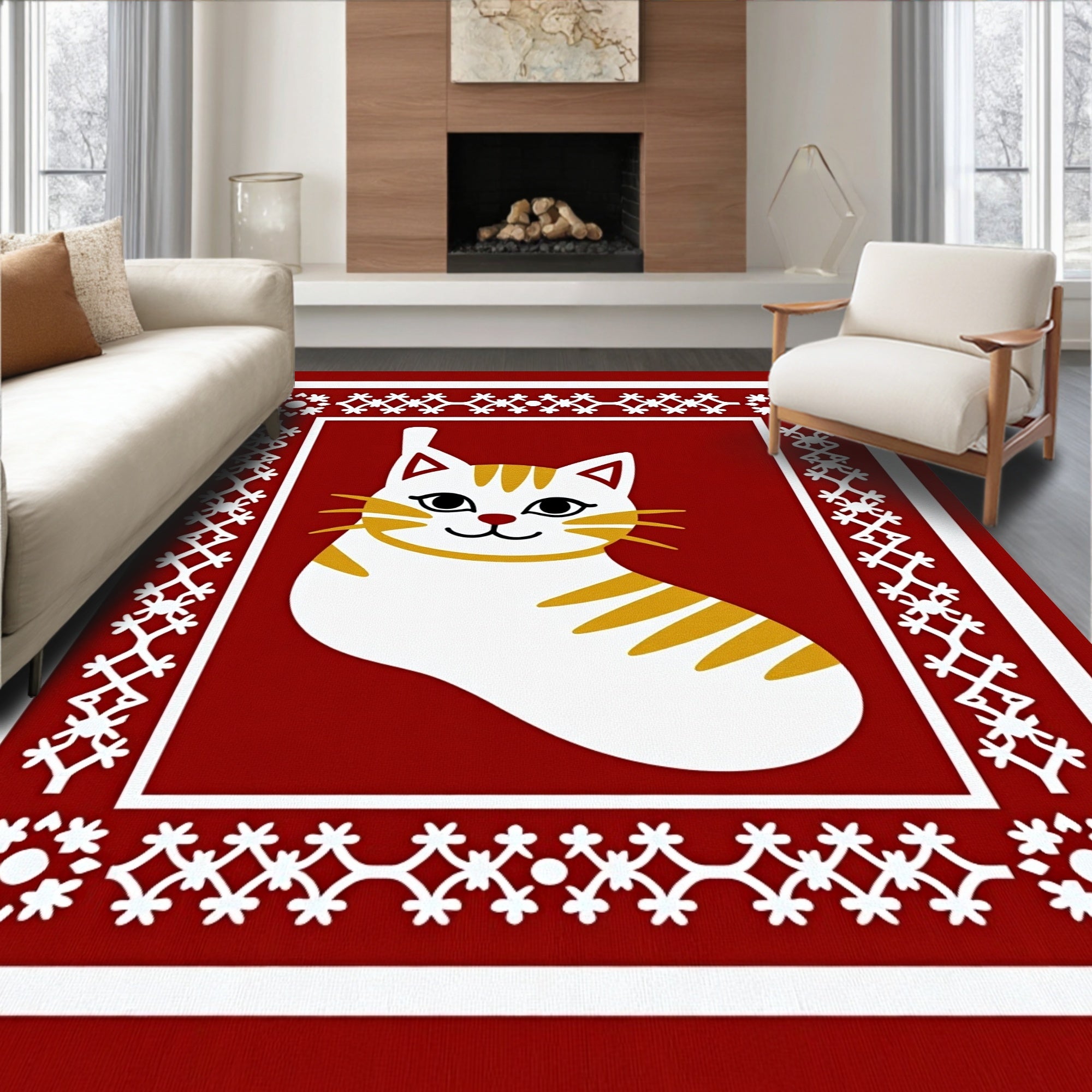 Crimson White Tabby Cat Border Rug