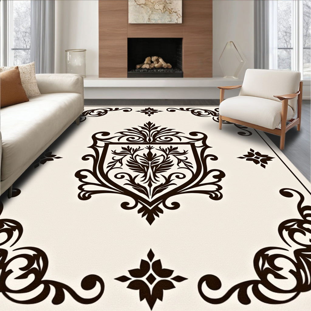 Dark Brown Crested Floral Scrollwork Rug