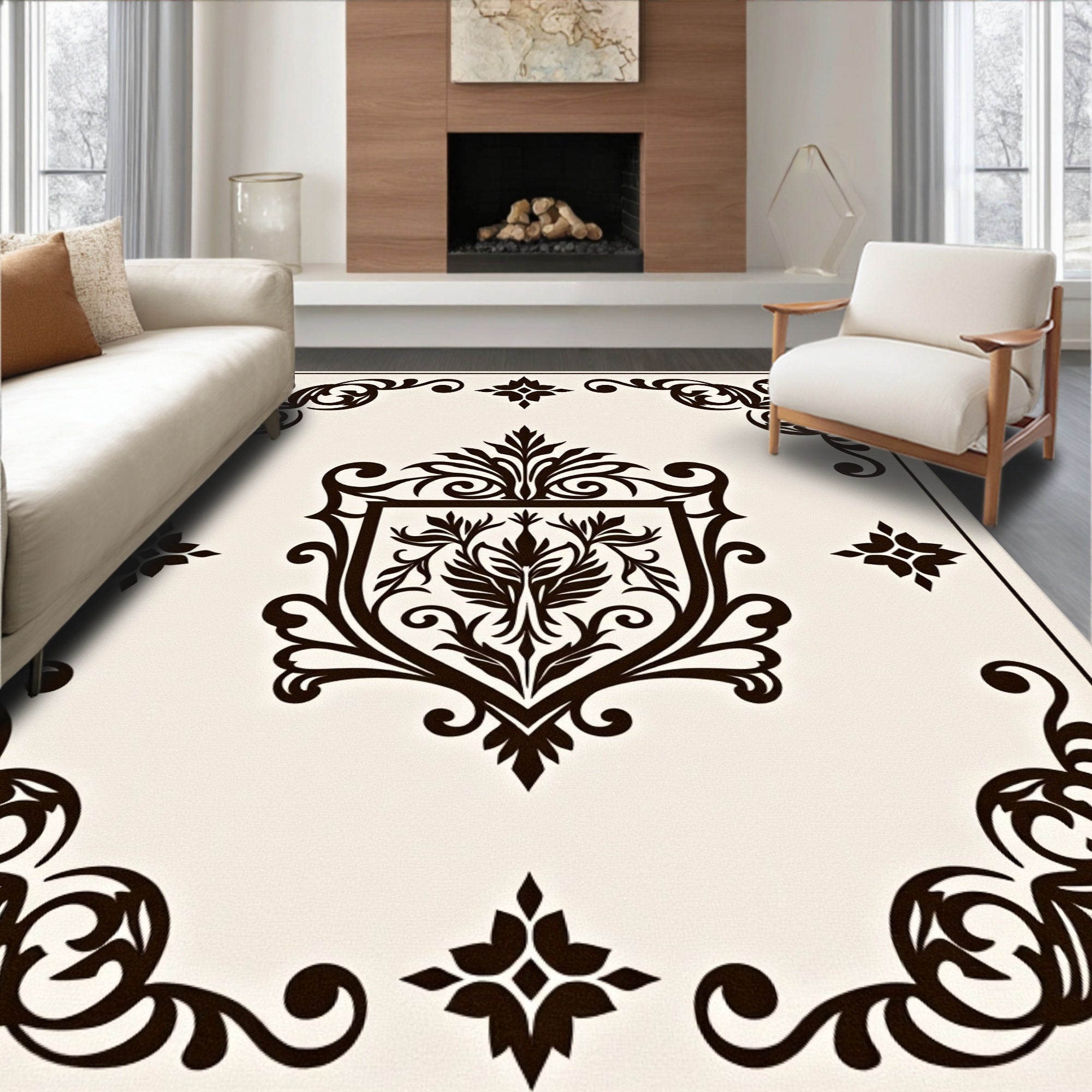 Dark Brown Crested Floral Scrollwork Rug