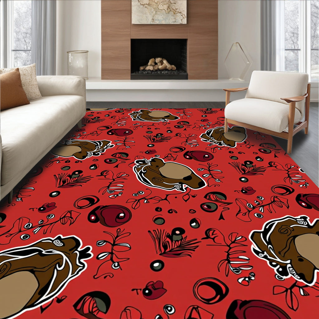Red Brown Bear Whimsical Botanical Art Rug