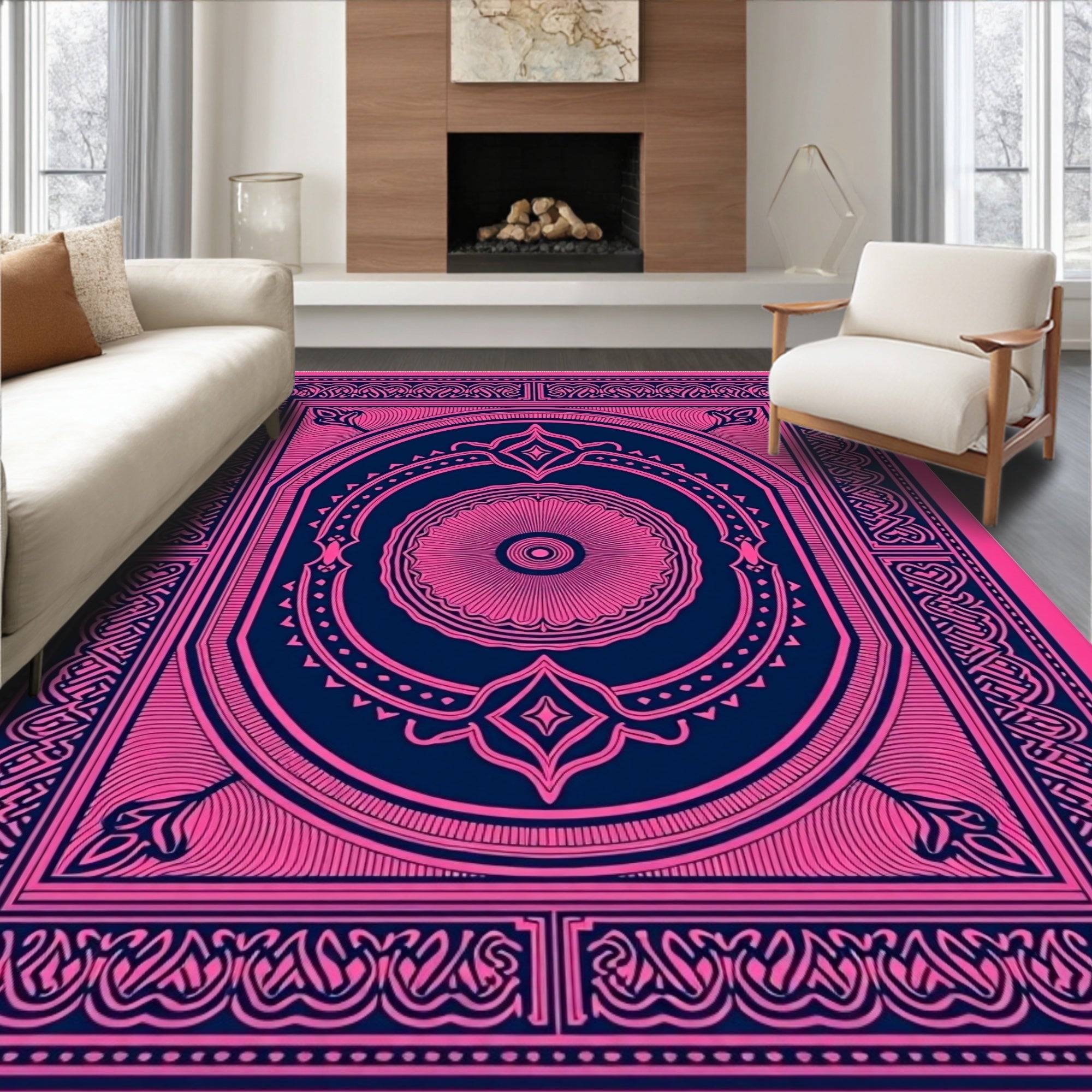 Vivid Pink Geometric Medallion Rug