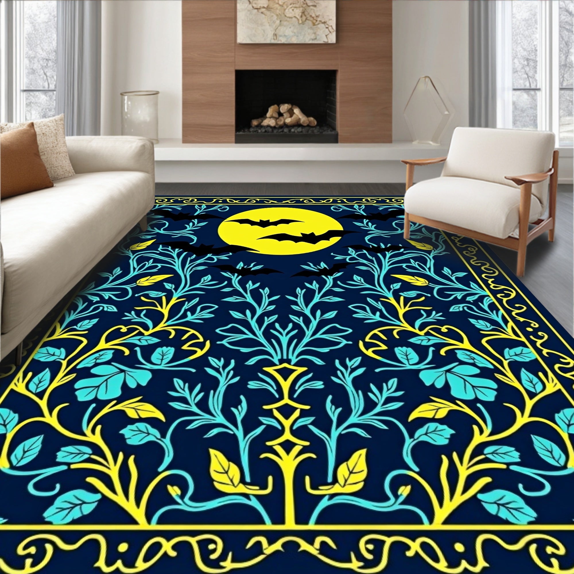 Midnight Bats Yellow Moon Botanical Rug