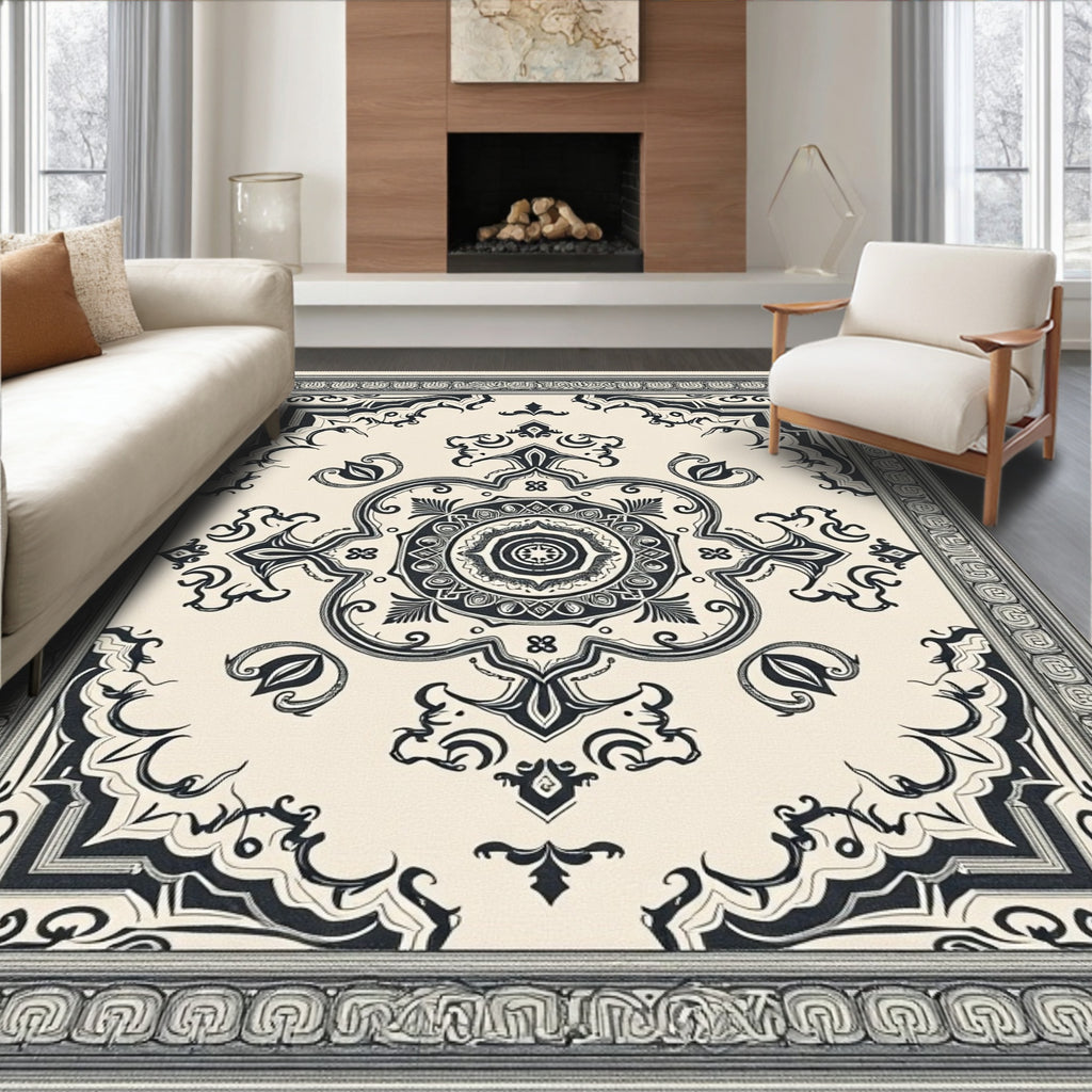 Ornate Black Ivory Medallion Frame Rug