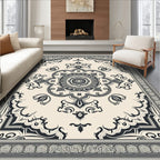 Ornate Black Ivory Medallion Frame Rug