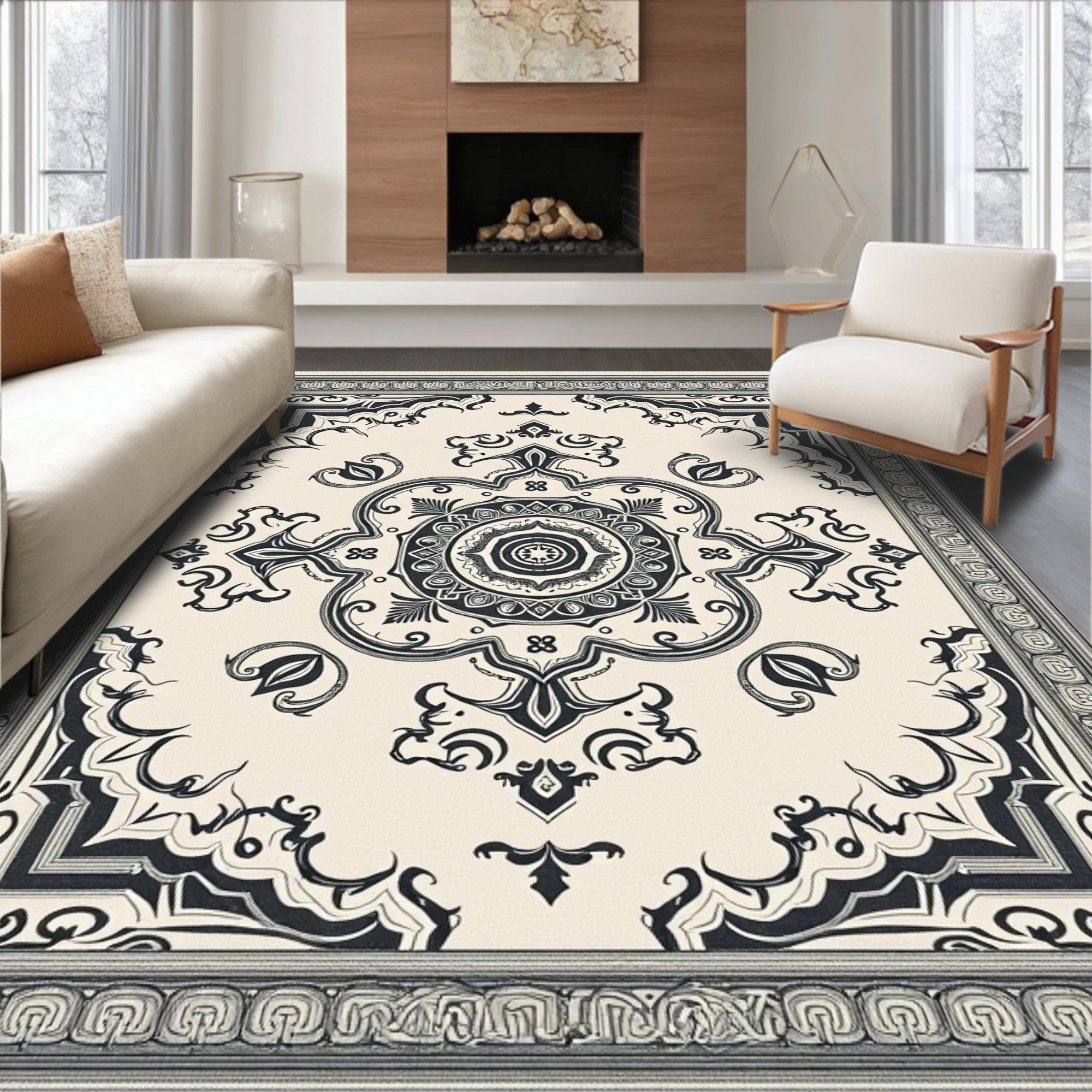 Ornate Black Ivory Medallion Frame Rug