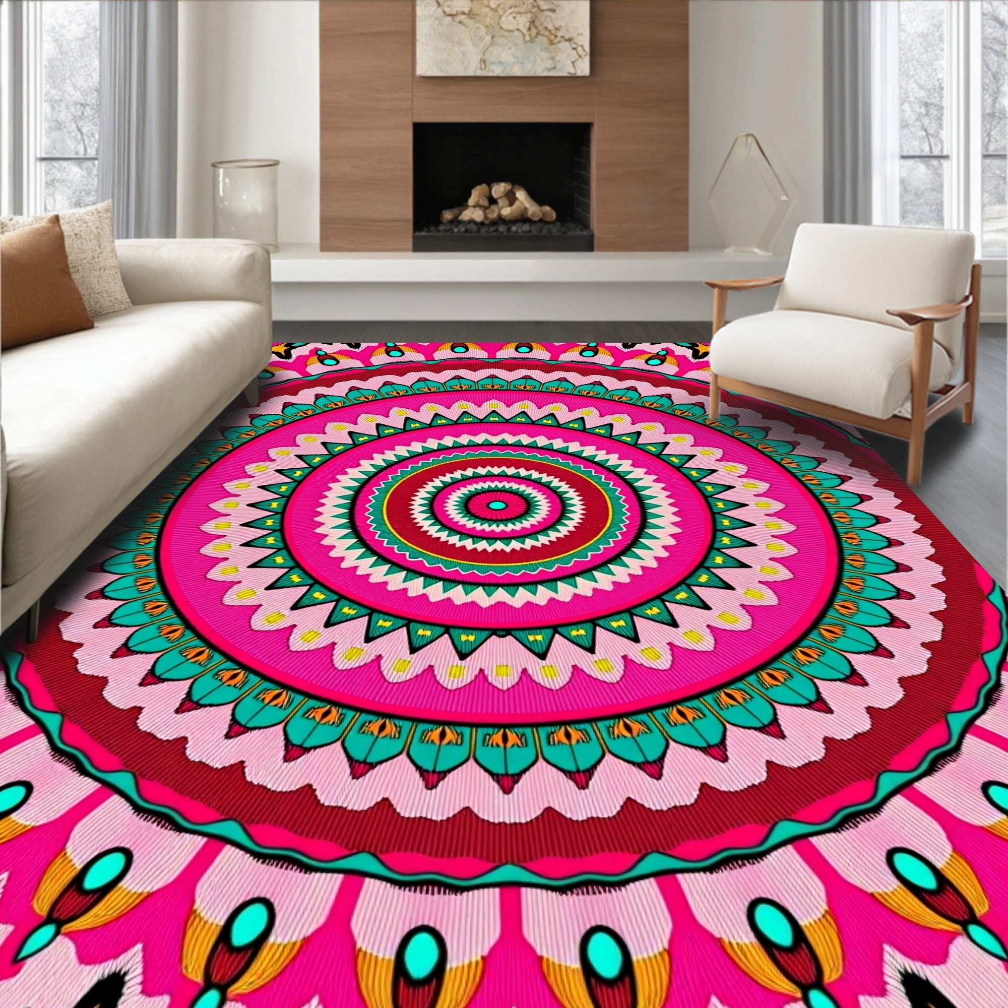 Vibrant Pink Teal Concentric Mandala Rug