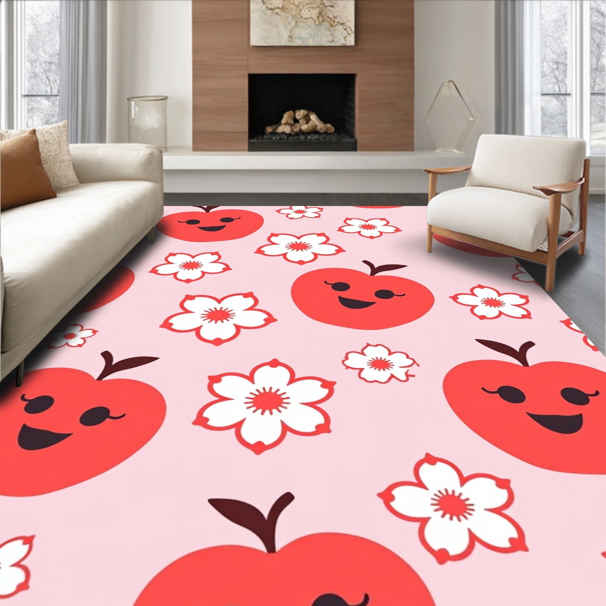 Happy Red Apples and Flowers Rug
