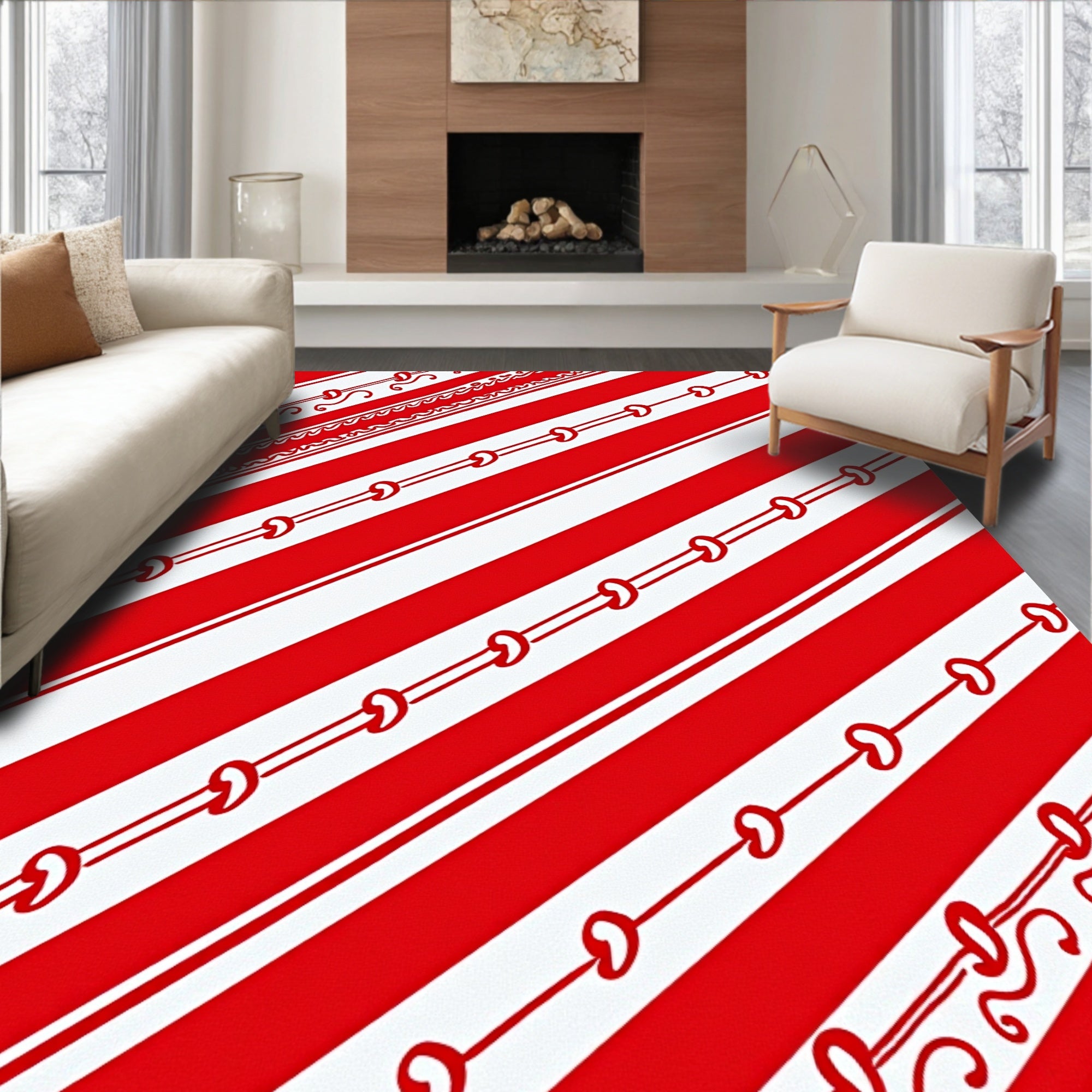 Red White Diagonal Bow Stripe Rug