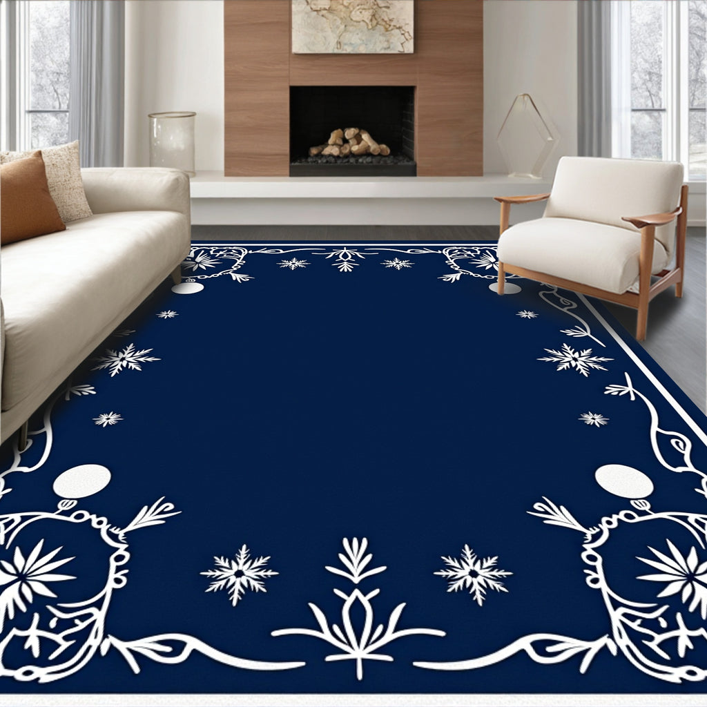 Navy Blue White Snowflake Border Art Rug