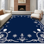 Navy Blue White Snowflake Border Art Rug