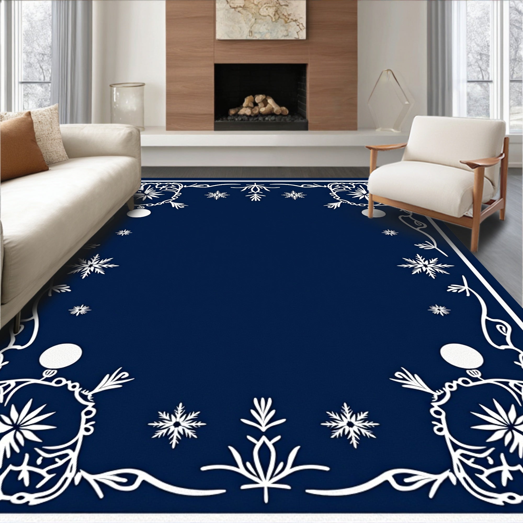 Navy Blue White Snowflake Border Art Rug