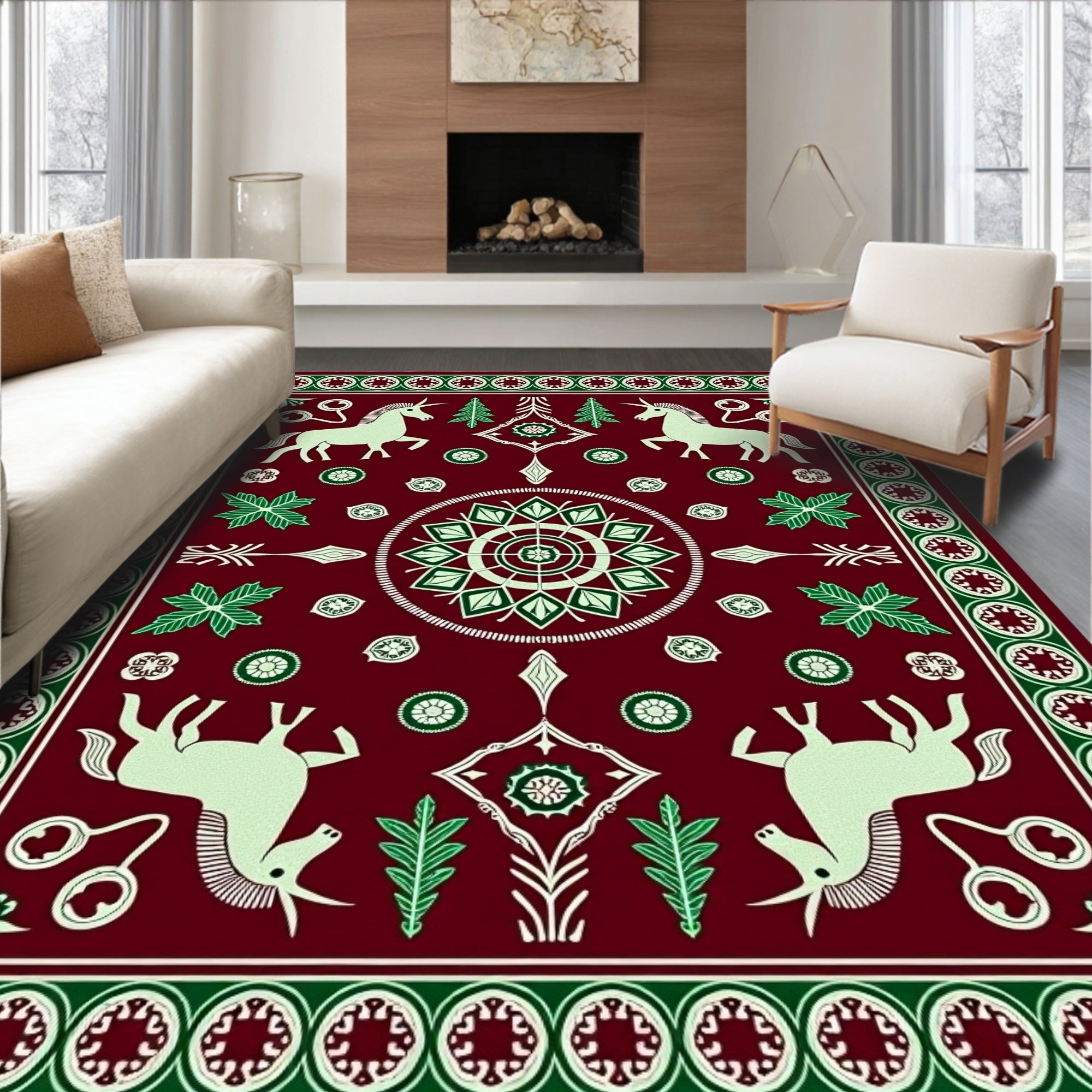 Burgundy Unicorn Emerald Forest Medallion Rug