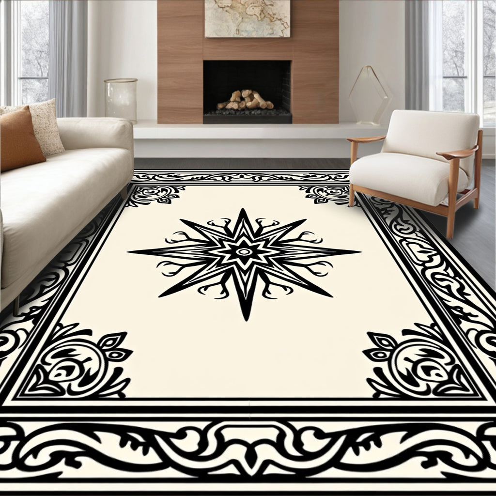 Black Ornate Border Starburst Rug