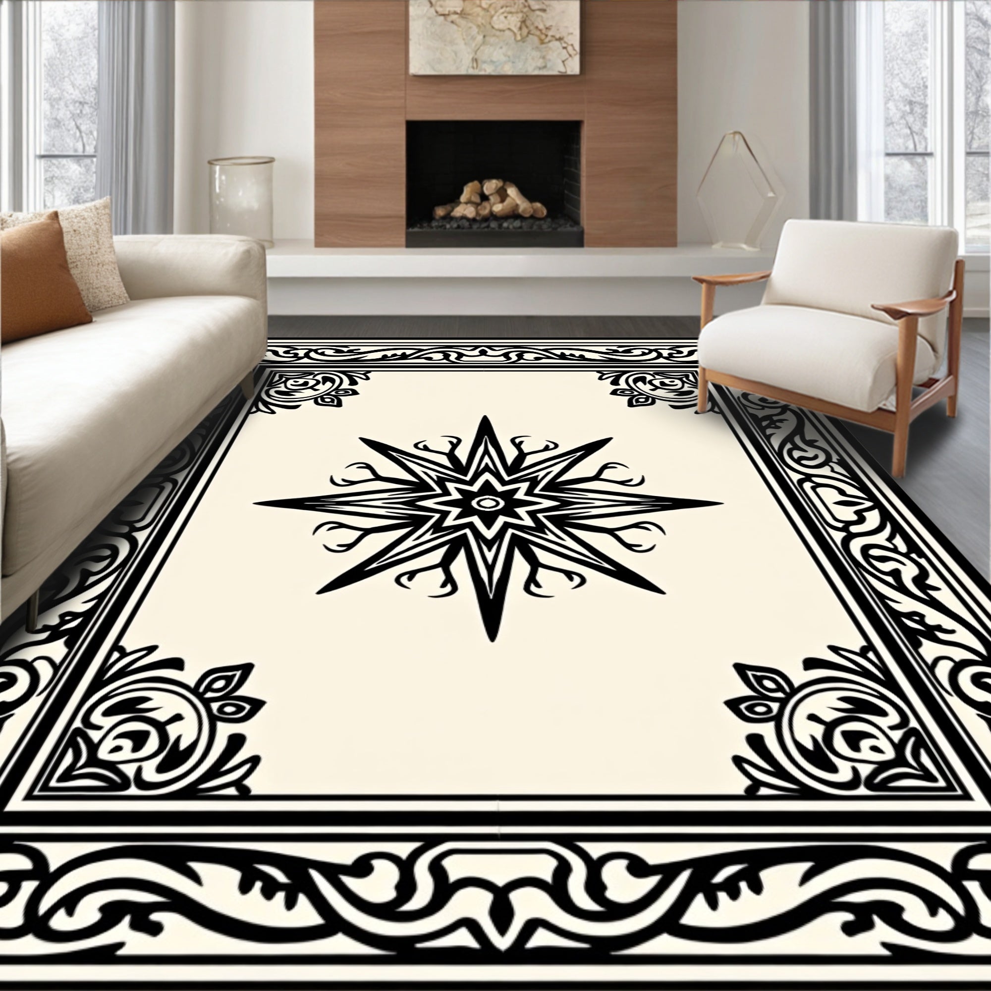 Black Ornate Border Starburst Rug