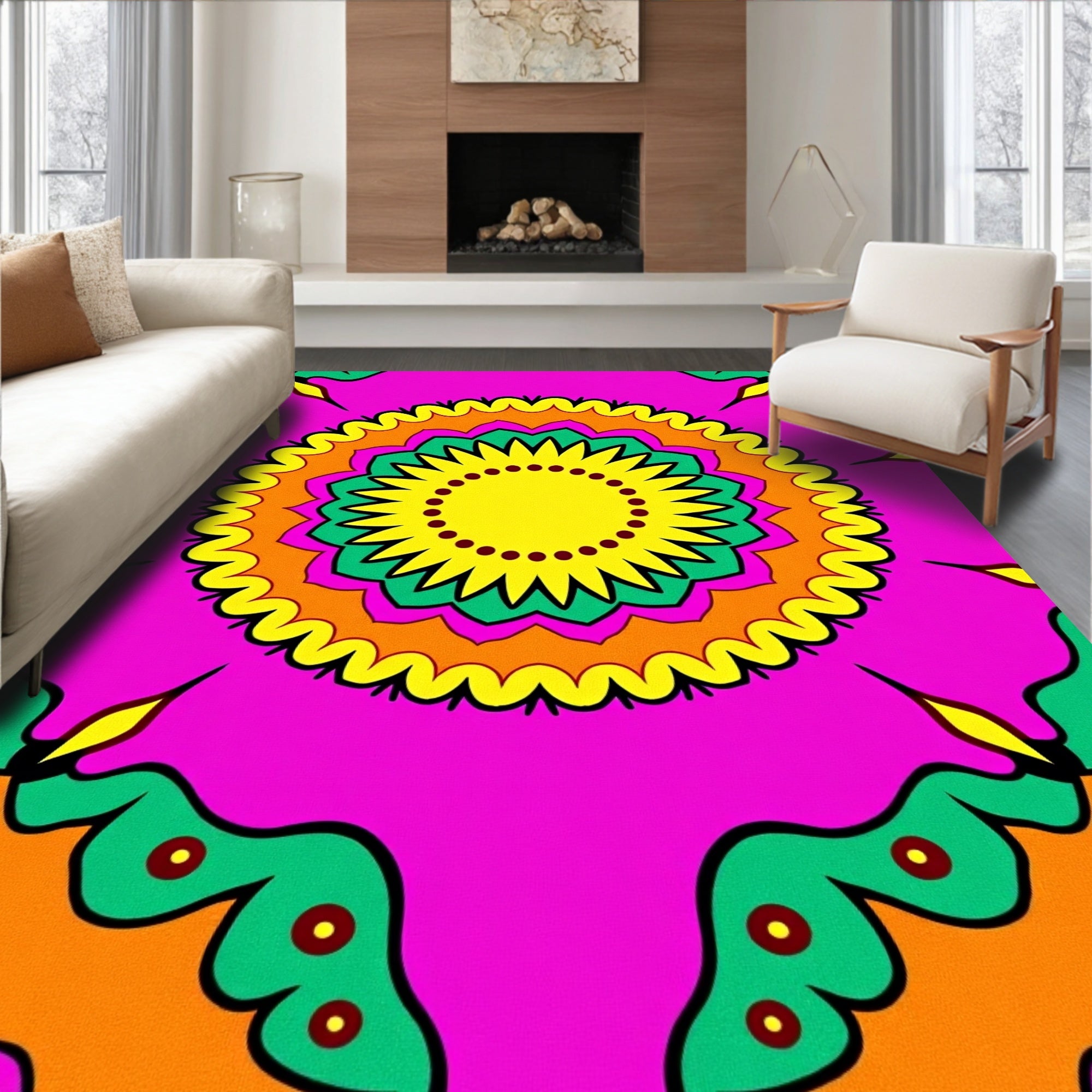 Vibrant Yellow Green Orange Mandala Rug