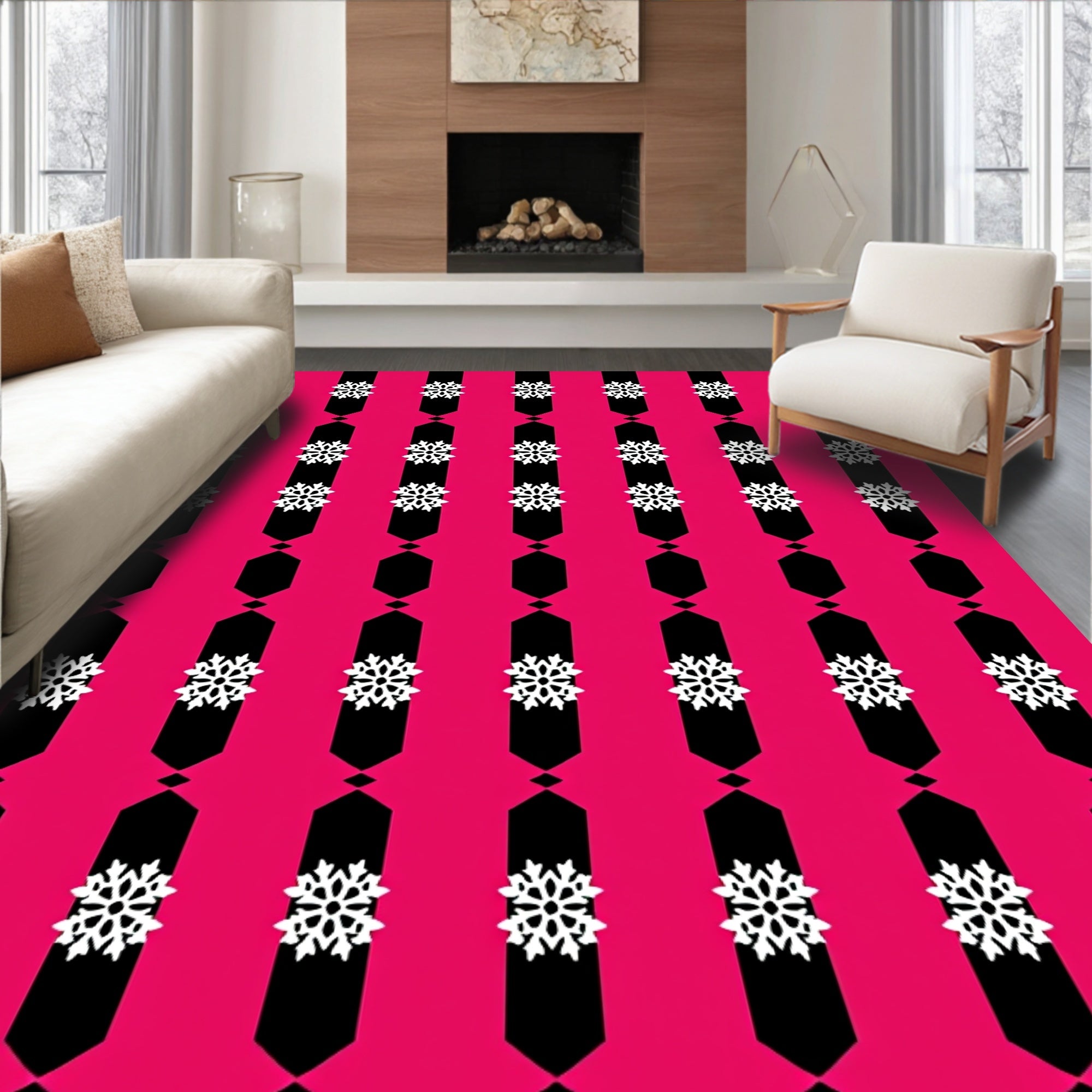 Fuchsia Black White Snowflake Stripe Rug