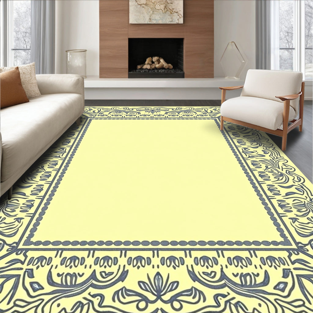 Pale Yellow Slate Gray Floral Crest Rug