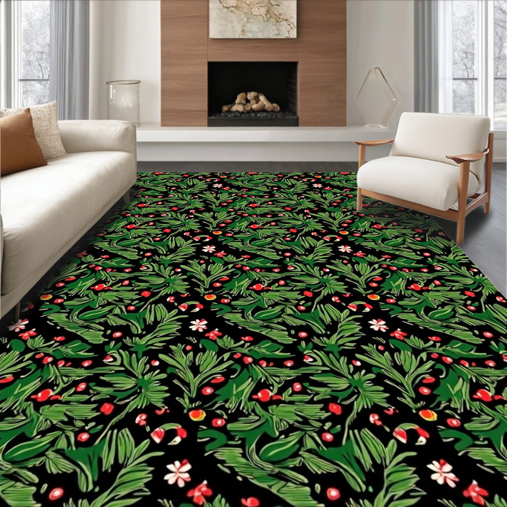 Dark Green Berry Floral Garland Rug