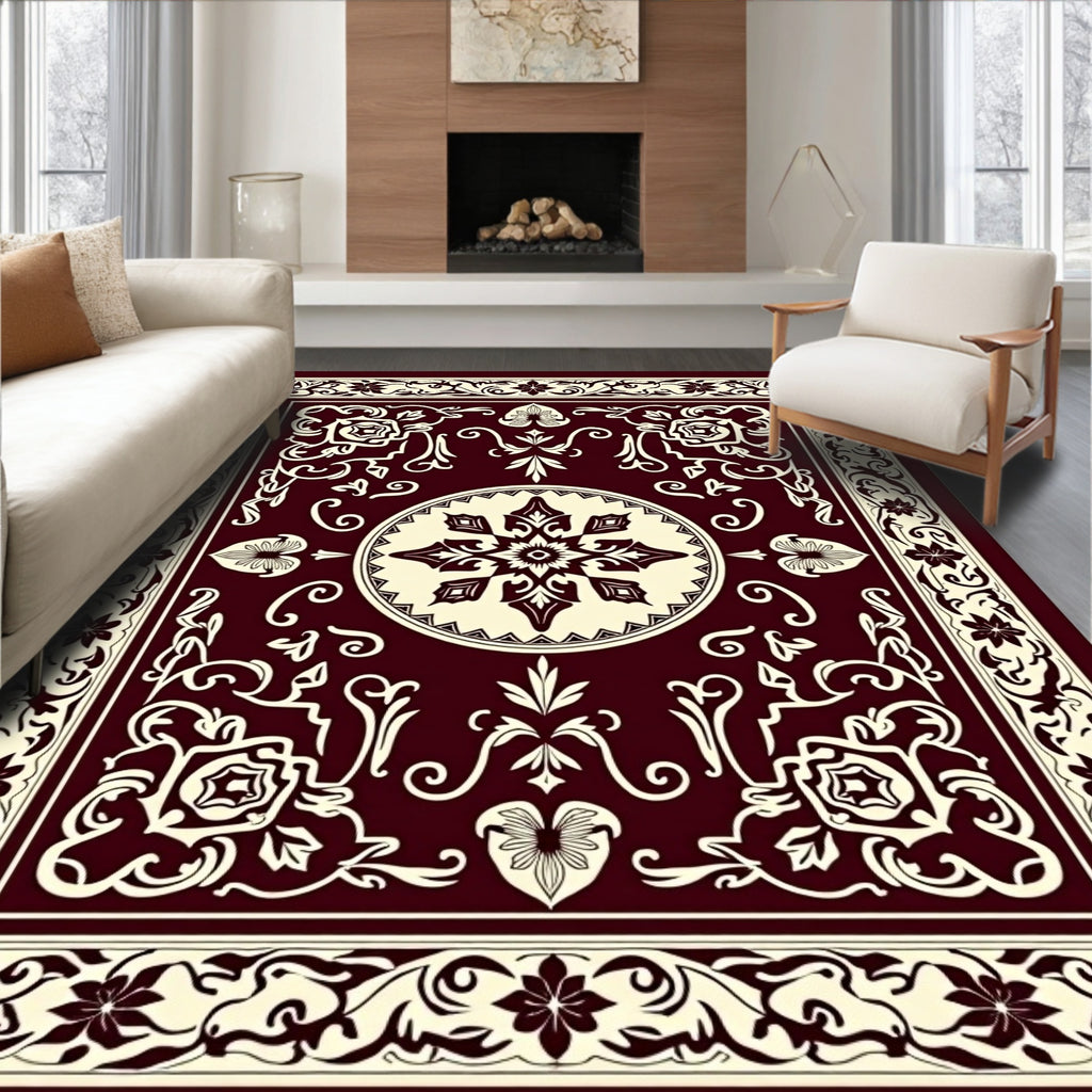Deep Burgundy Ivory Floral Medallion Rug