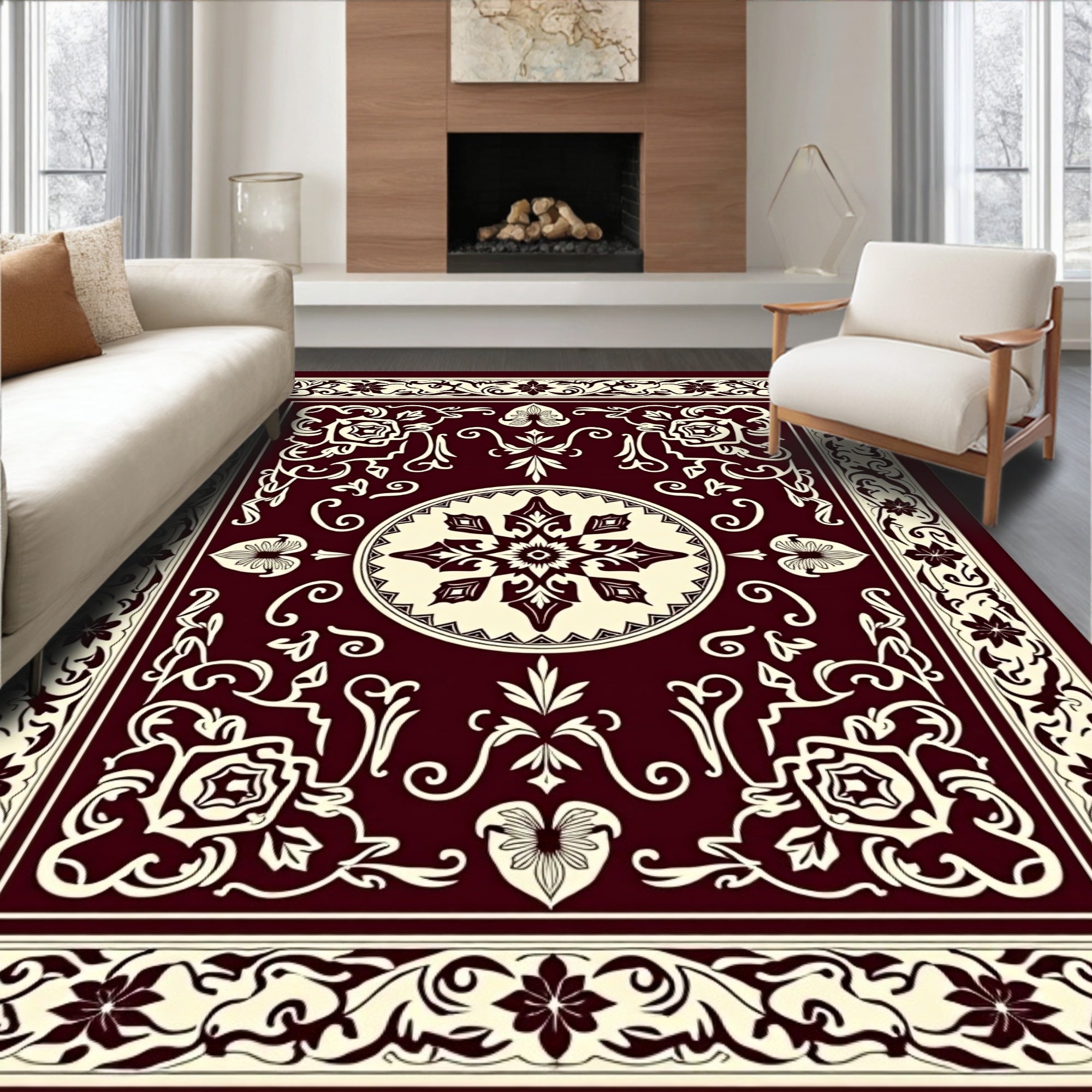 Deep Burgundy Ivory Floral Medallion Rug