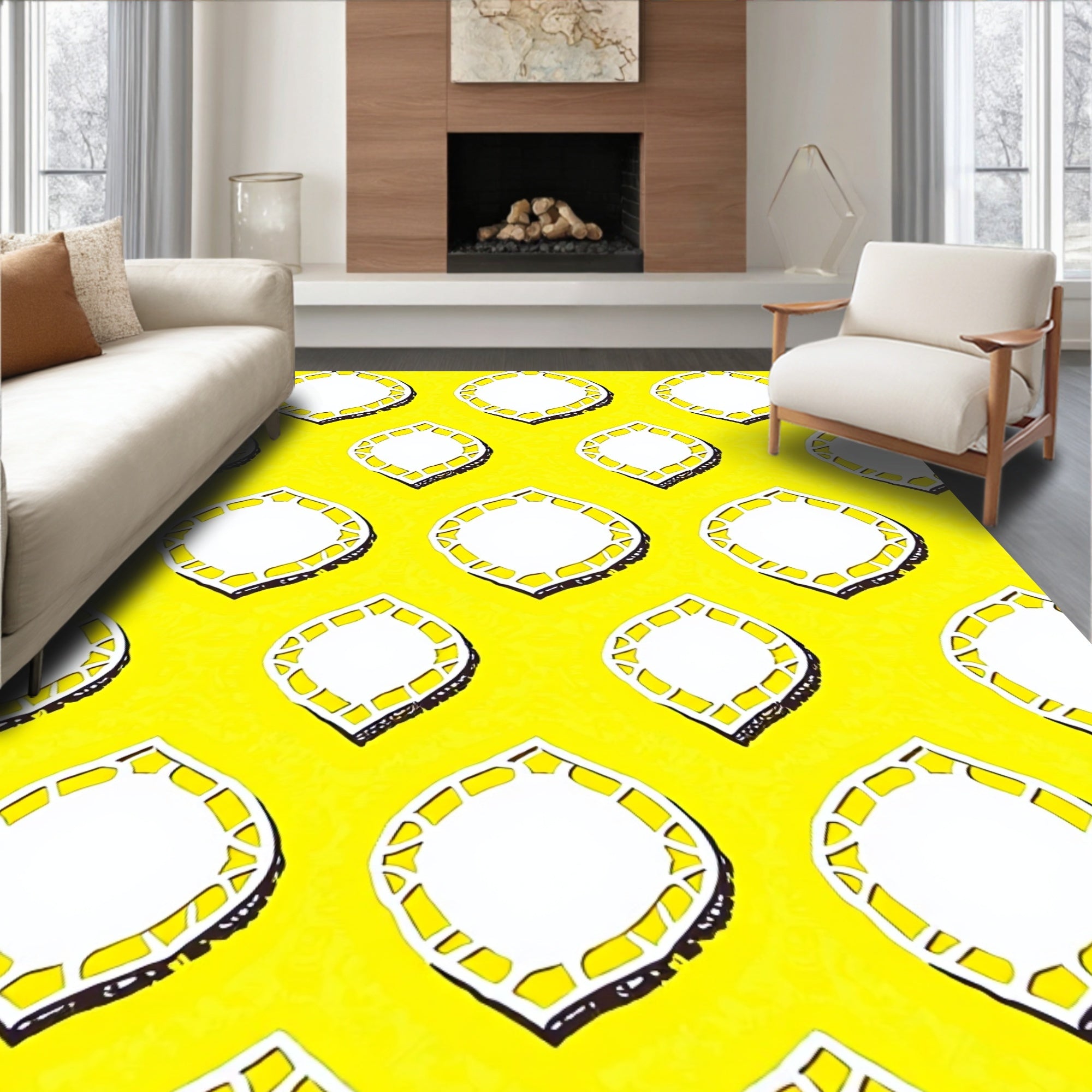 Vibrant Yellow White Geometric Medallion Rug