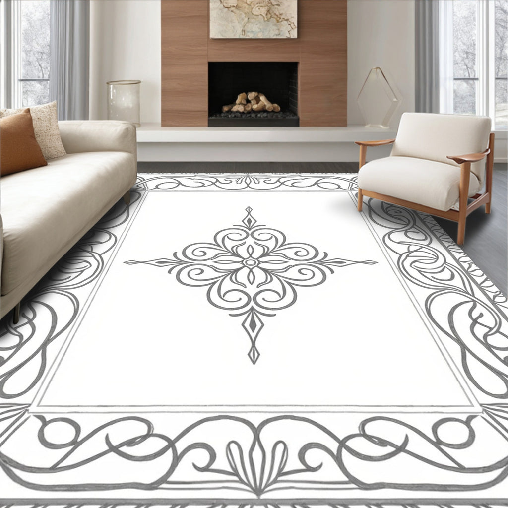 Ornate Gray Scrollwork Medallion Border Rug