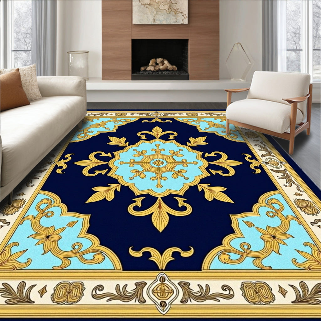 Royal Blue Golden Ornate Floral Accent Rug