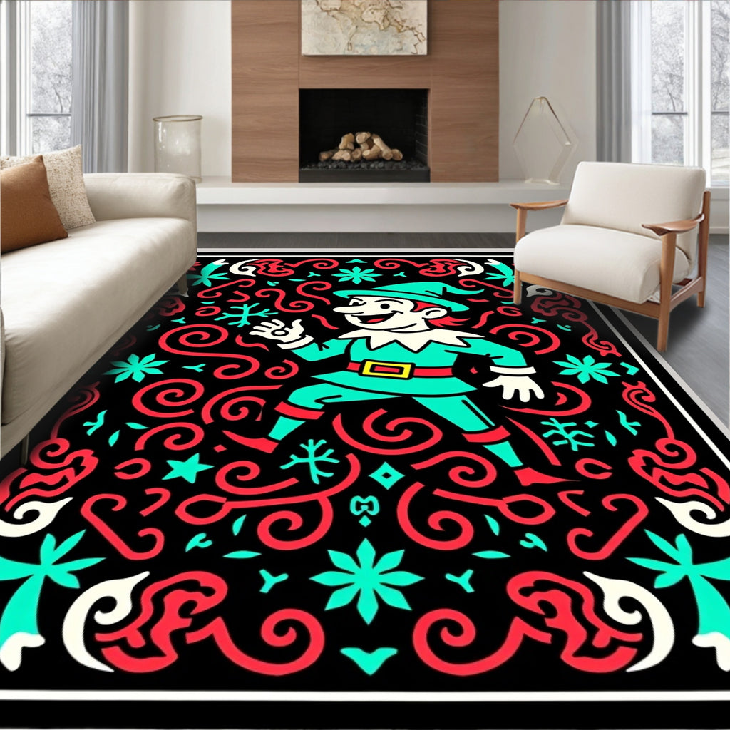 Joyful Elf Festive Swirls Red Turquoise Rug