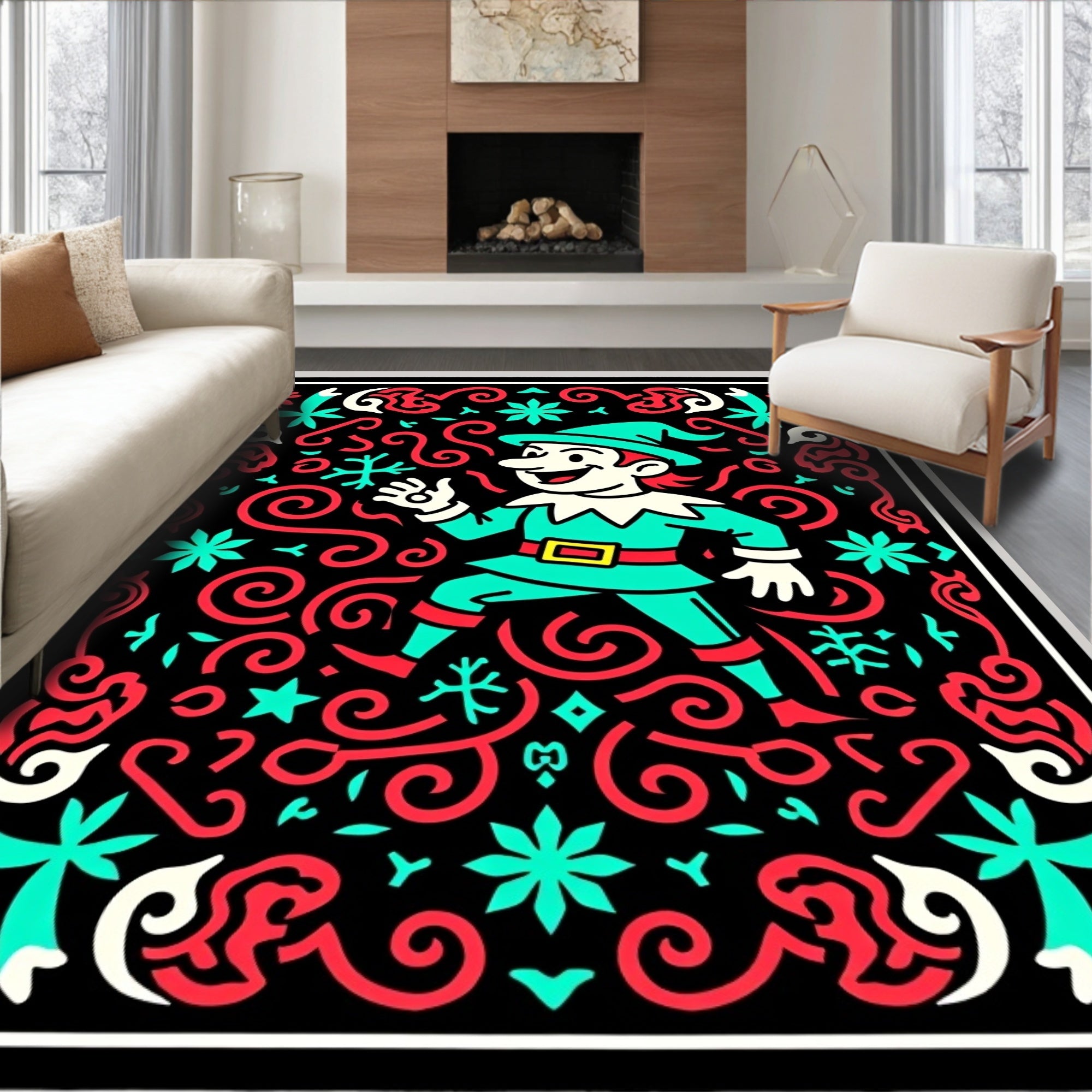 Joyful Elf Festive Swirls Red Turquoise Rug