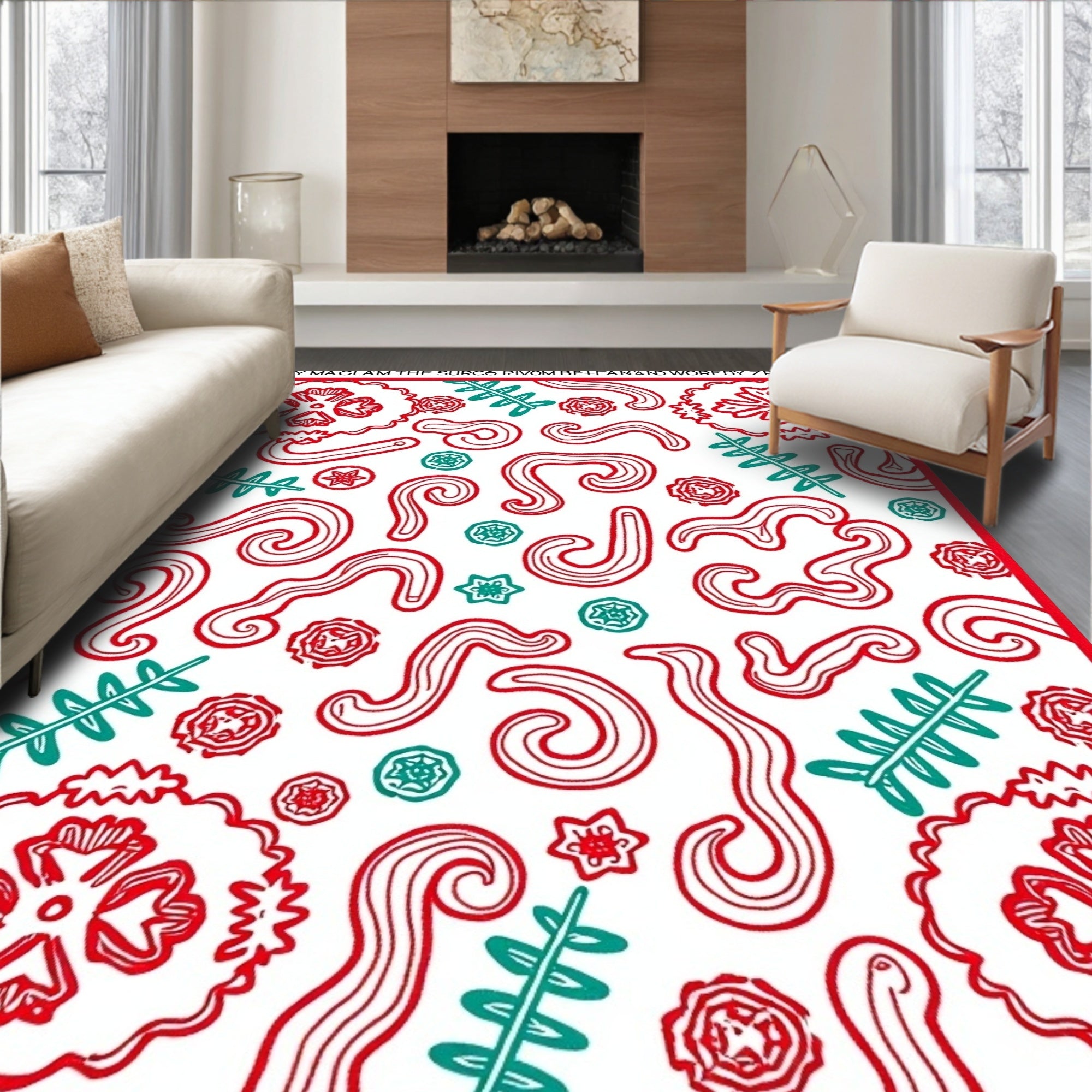 Red Teal Swirling Floral Leaf Harmony Rug
