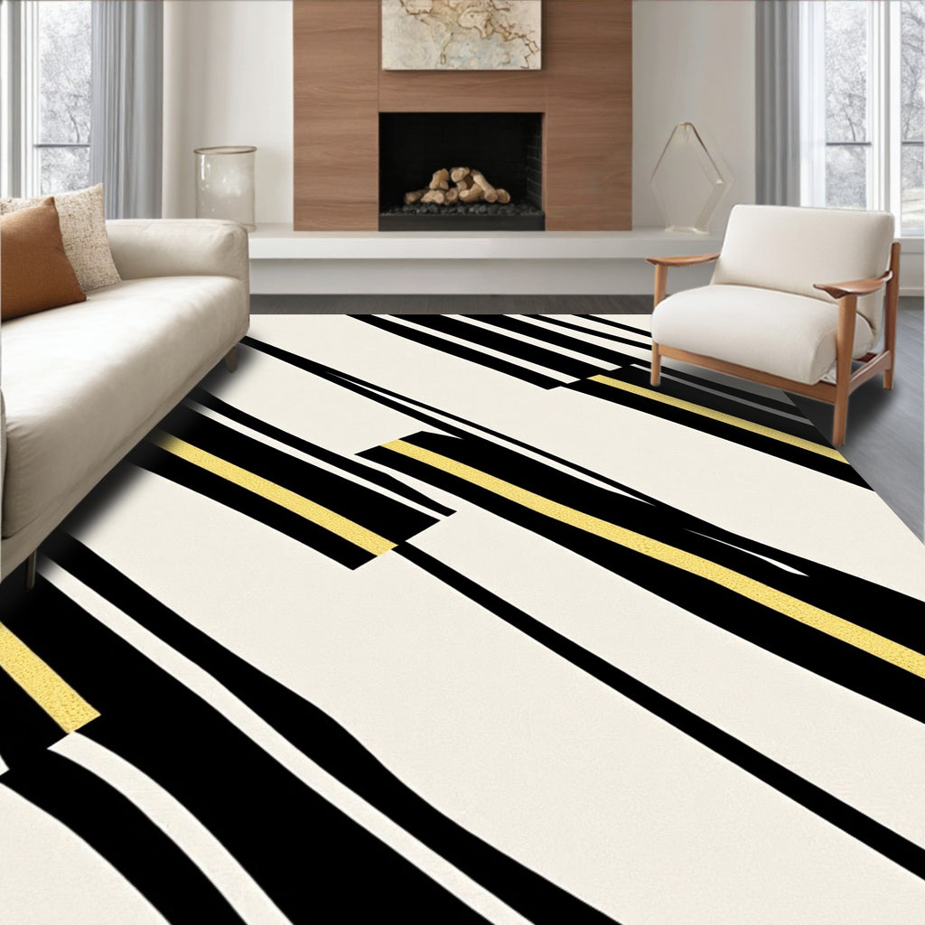 Striking Gold Black Striped Abstraction Rug