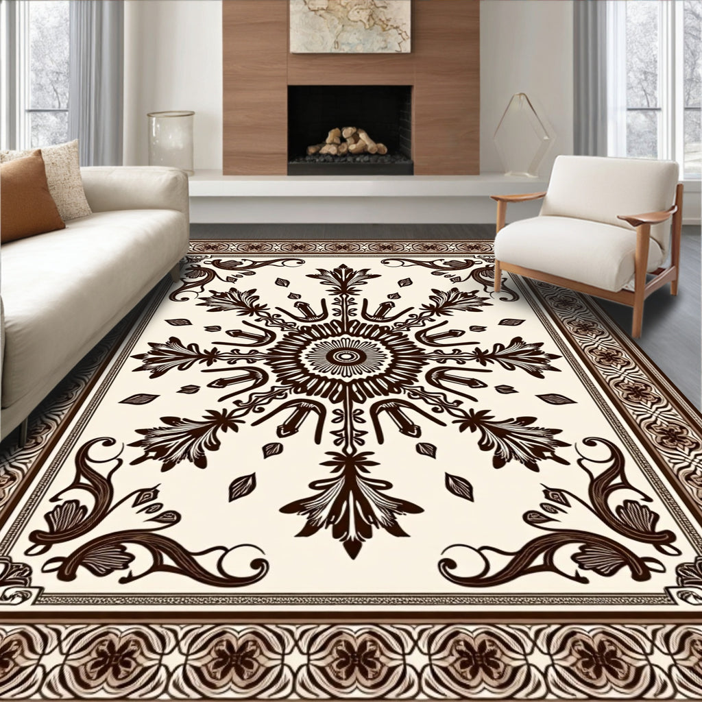 Brown Cream Floral Border Medallion Rug