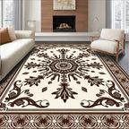 Brown Cream Floral Border Medallion Rug