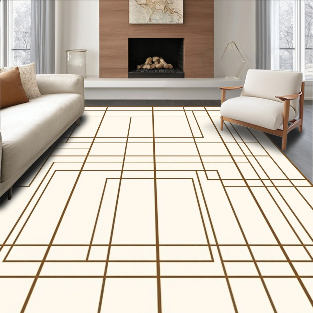 Cream Brown Geometric Overlay Rug