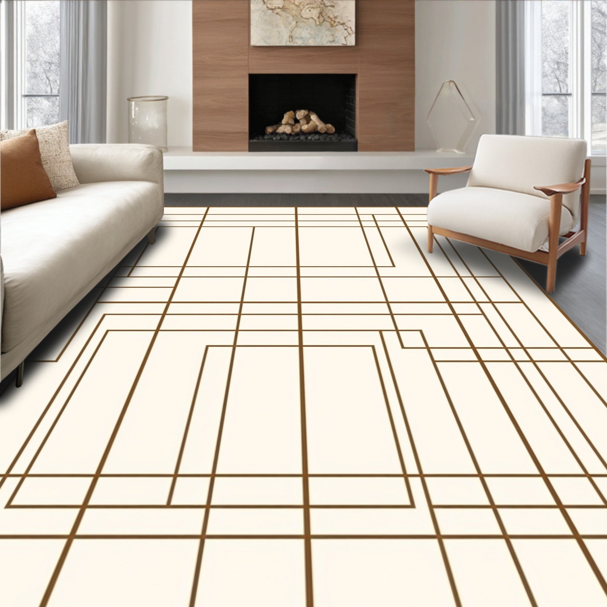 Cream Brown Geometric Overlay Rug