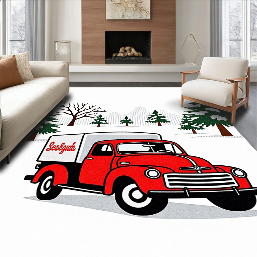 Vintage Red Christmas Truck Snowy Pines Rug