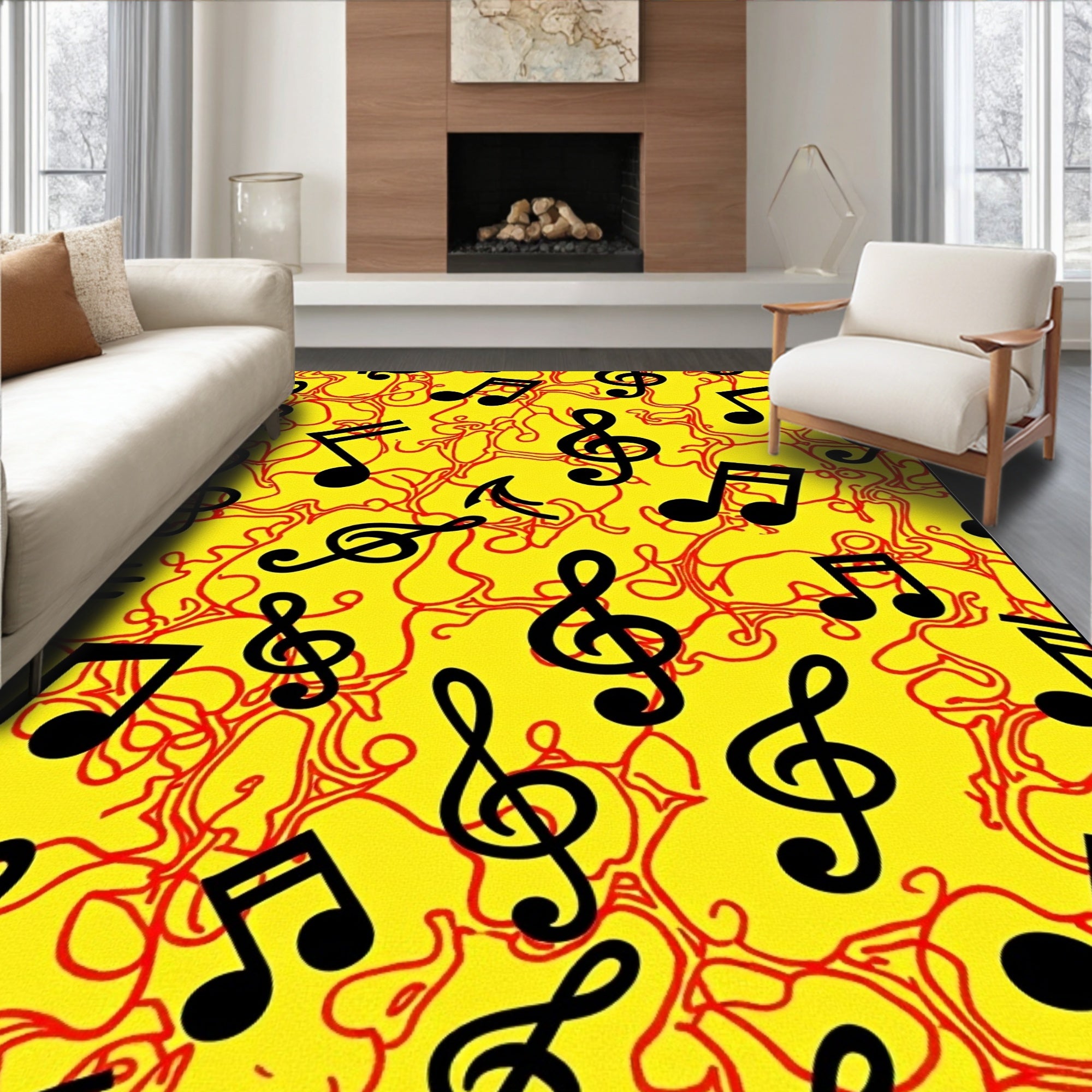 Vibrant Yellow Musical Notes Arrangement Rug