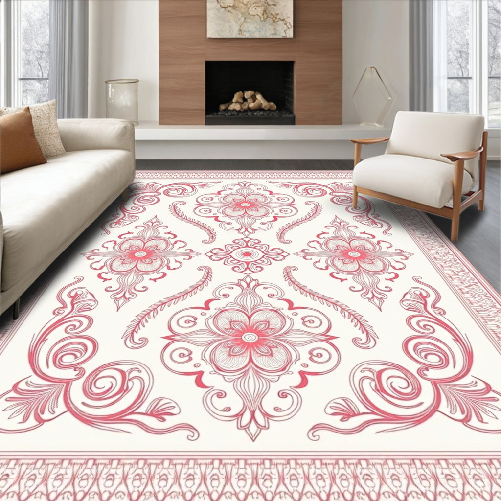 Coral Floral Scrollwork Frame Rug