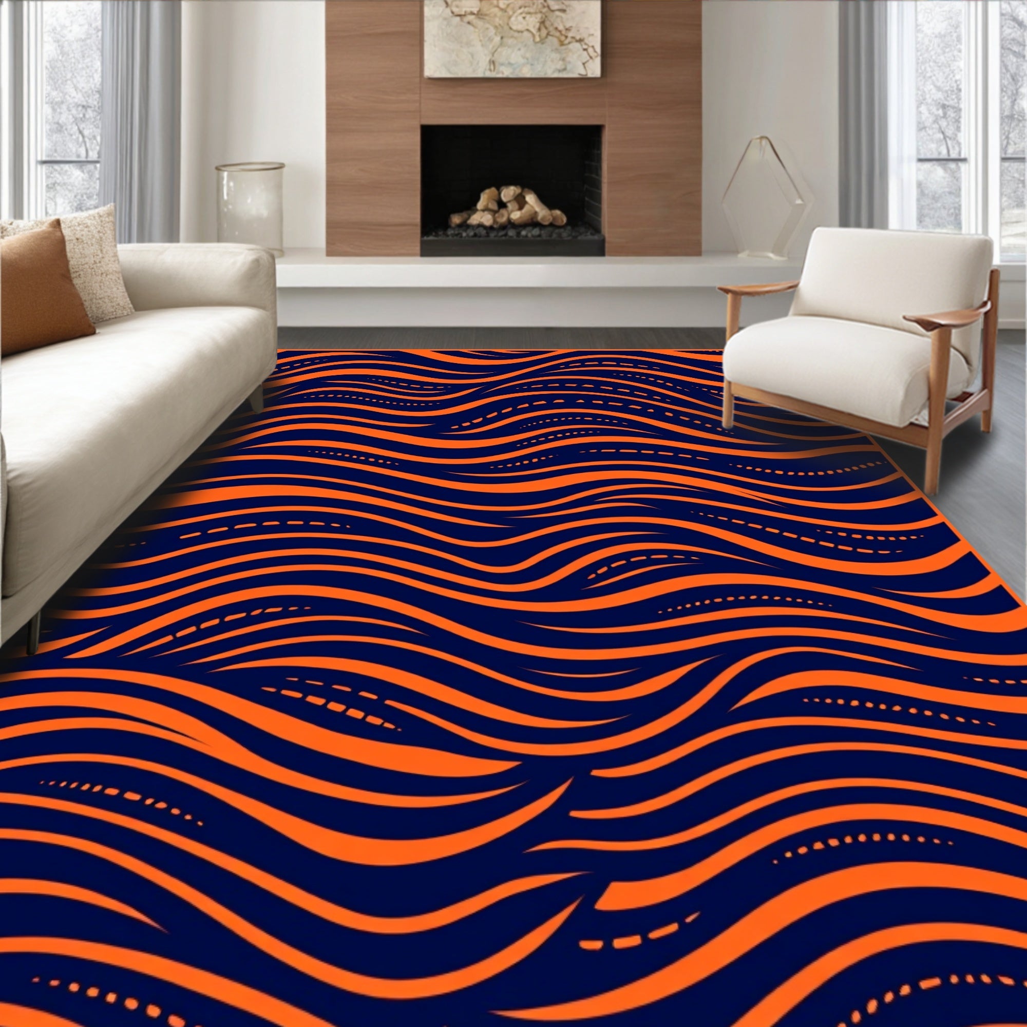 Bold Orange Navy Flowing Waves Rug
