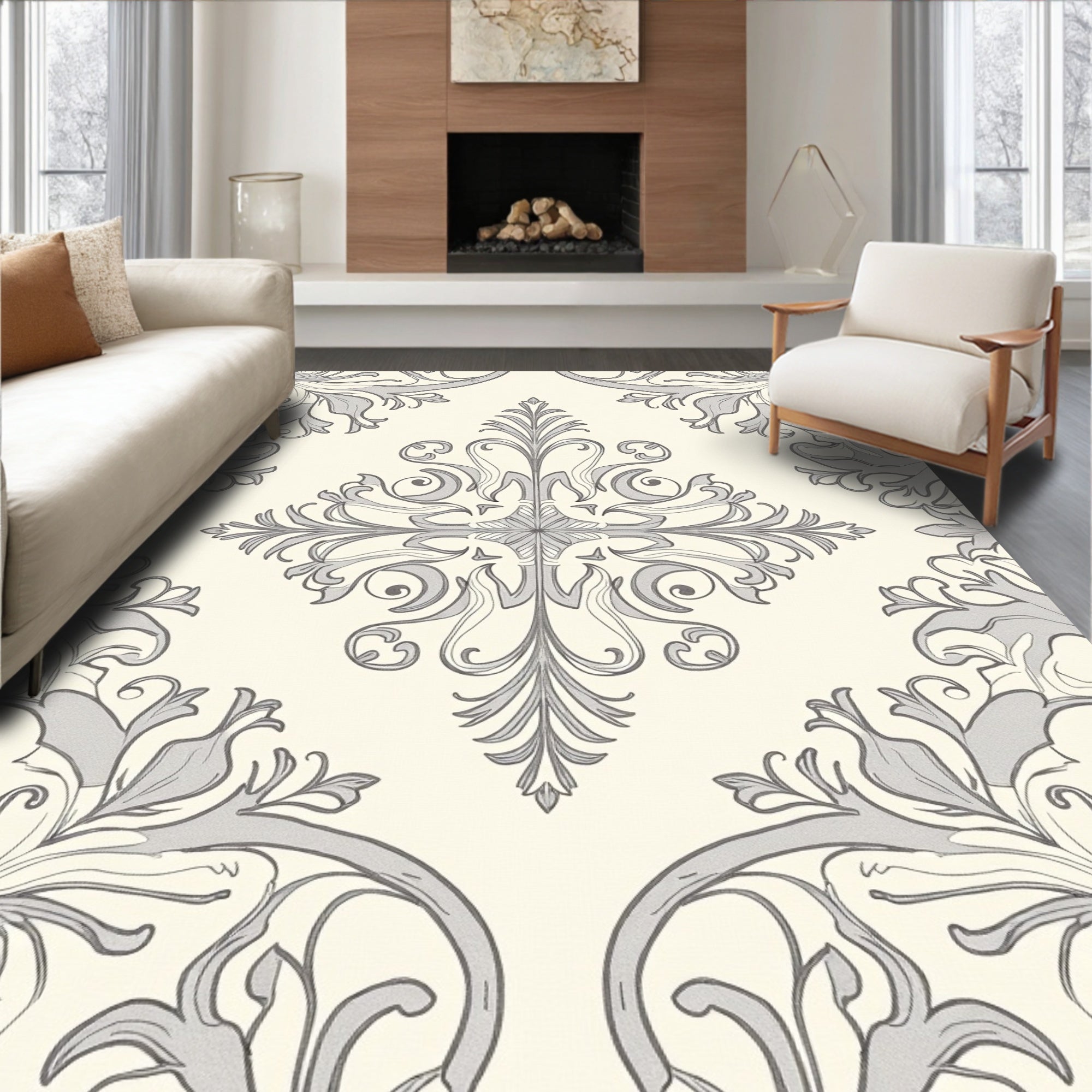 Elegant Cream Gray Floral Medallion Rug