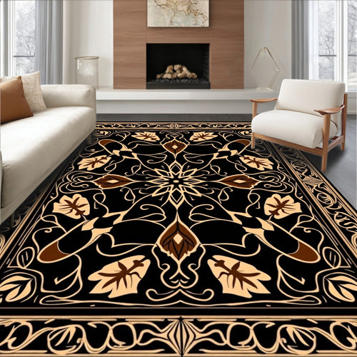 Black and Tan Floral Scroll Emblem Rug