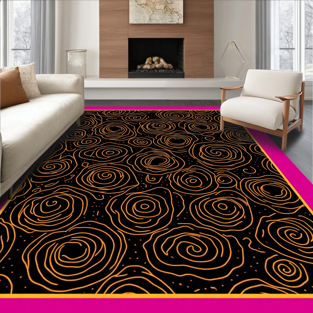 Orange Swirl Roses Black Background Rug