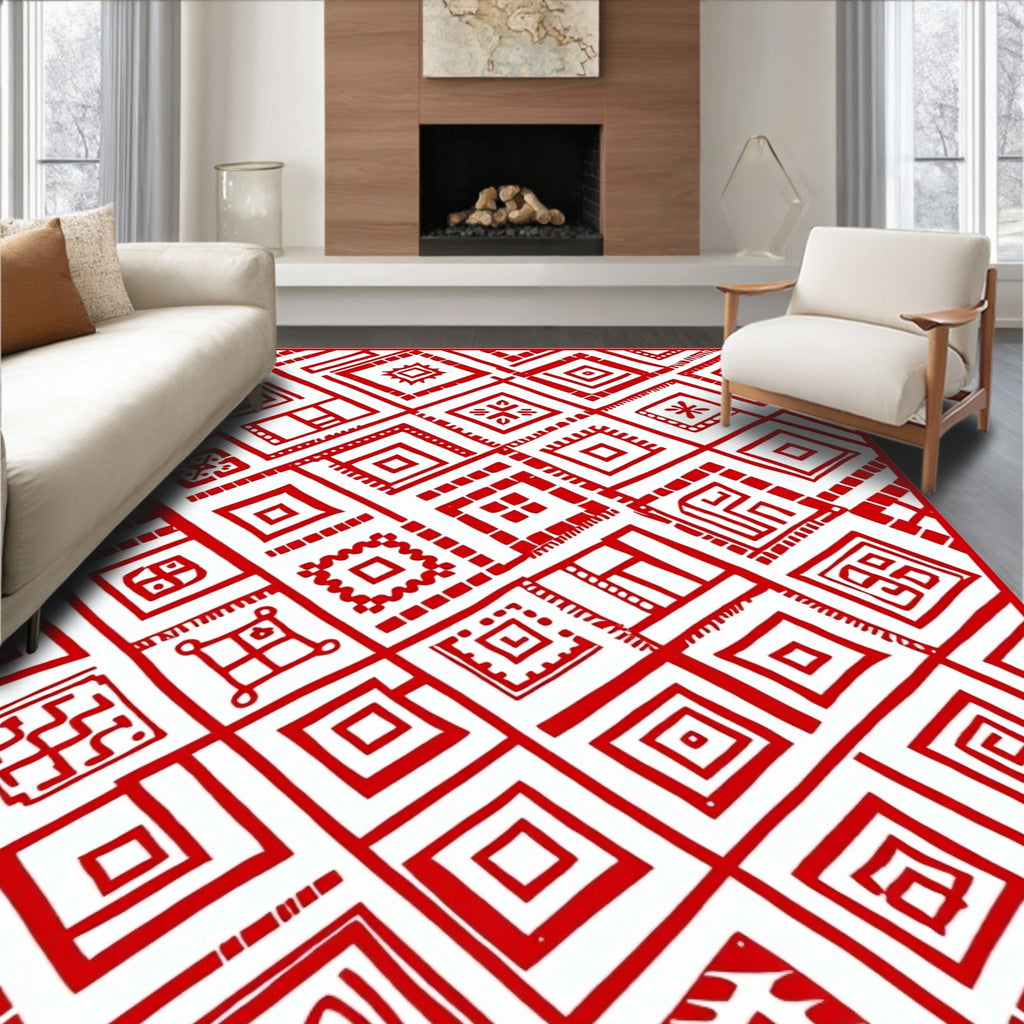 Vibrant Red Diamond Folk Art Rug