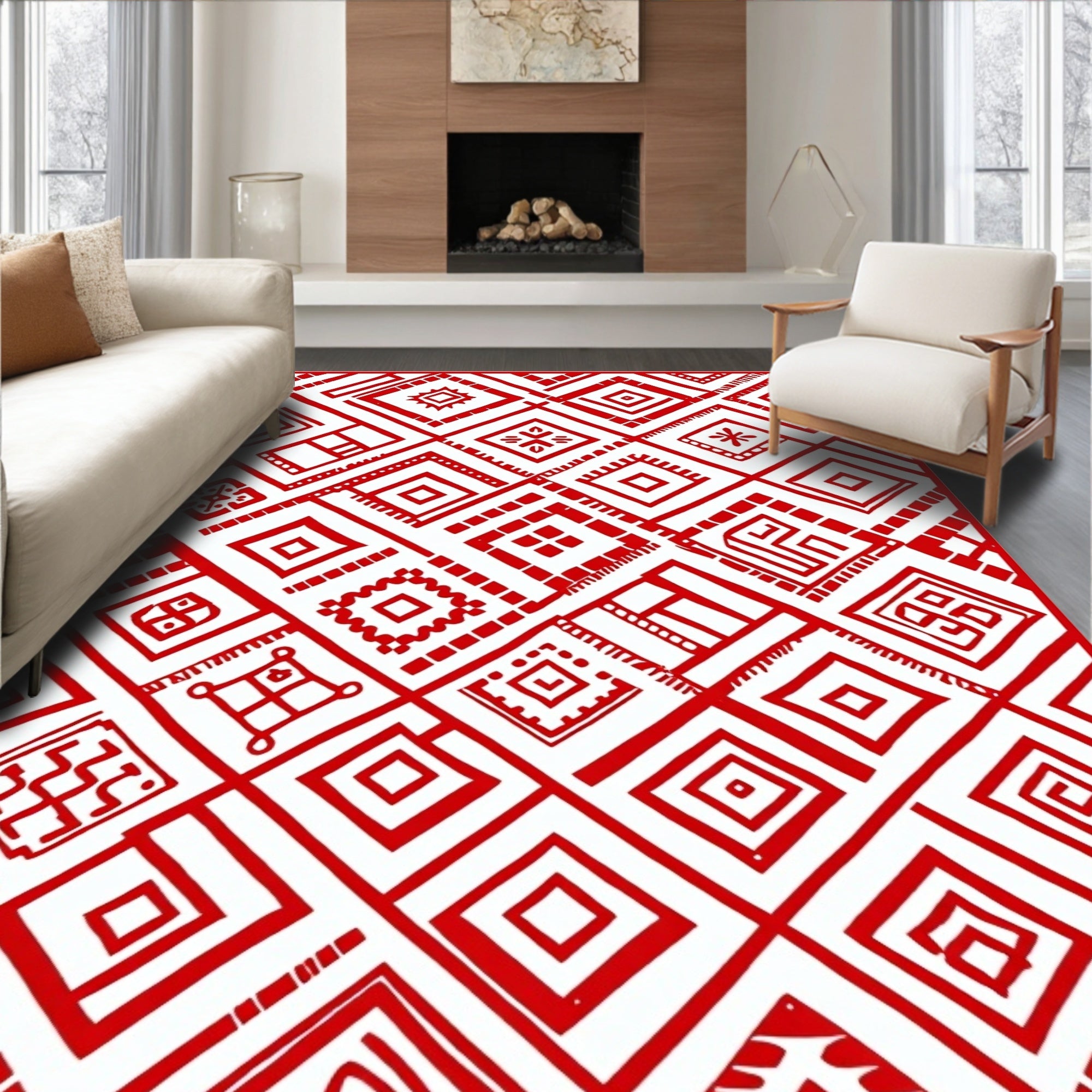 Vibrant Red Diamond Folk Art Rug