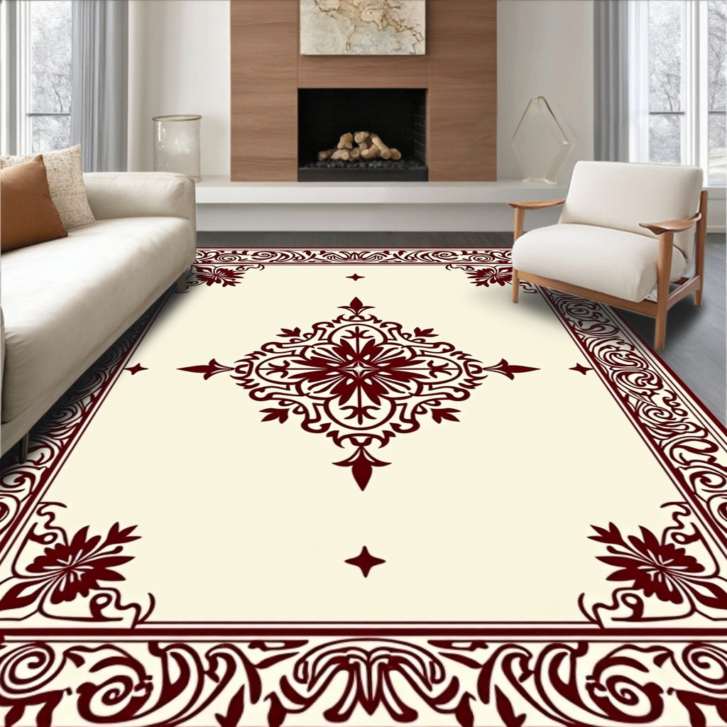 Crimson Floral Medallion Cream Border Rug