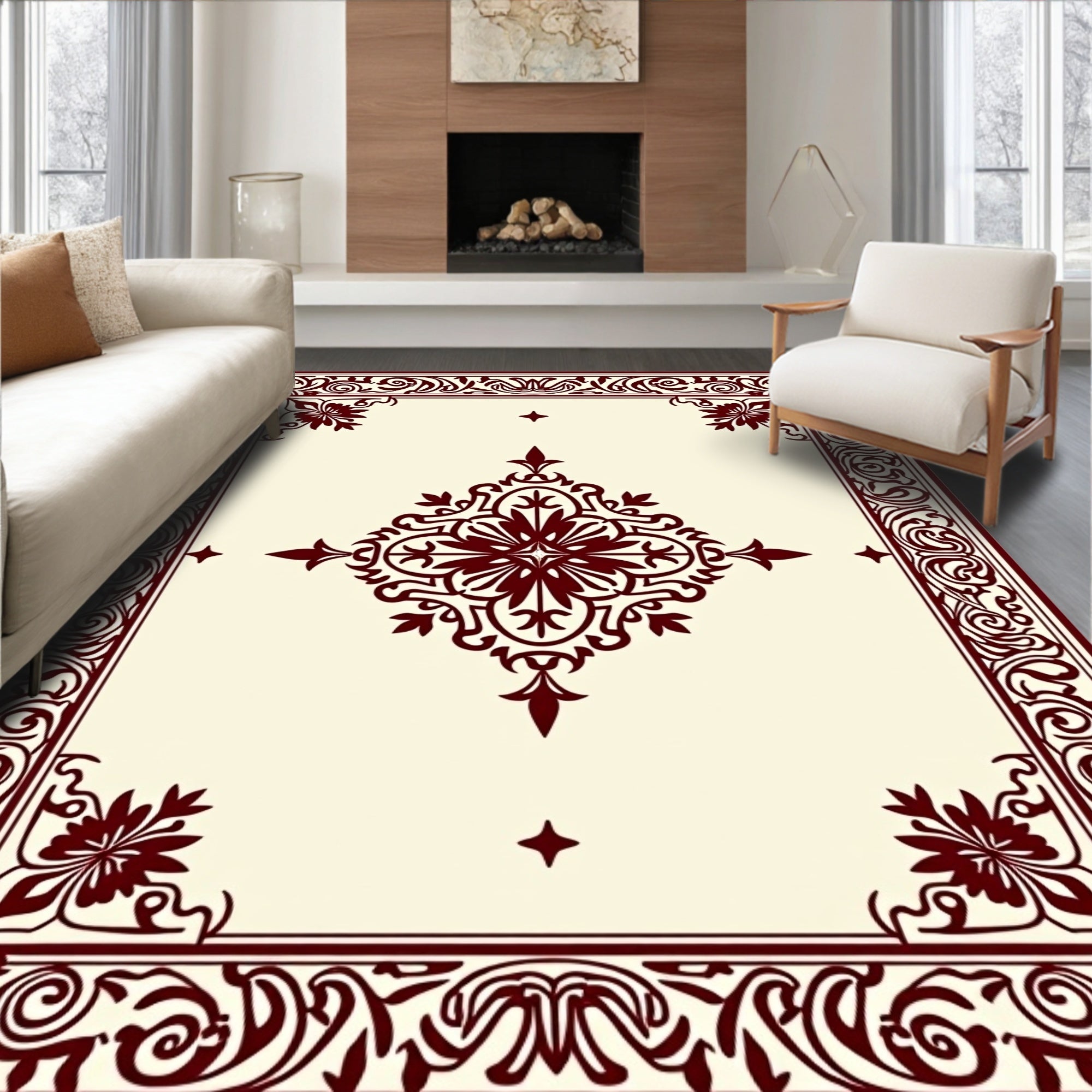 Crimson Floral Medallion Cream Border Rug