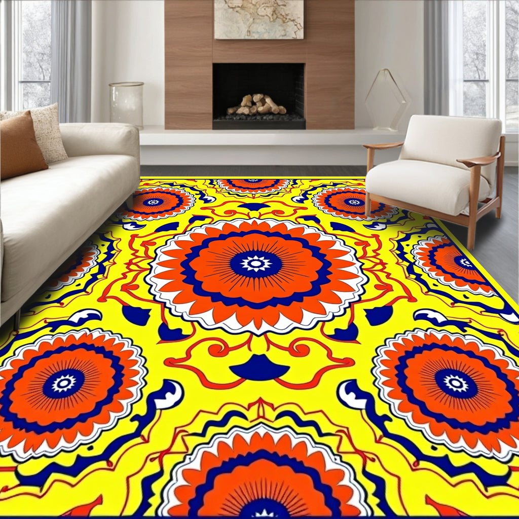 Vibrant Orange Blue Floral Mandala Rug