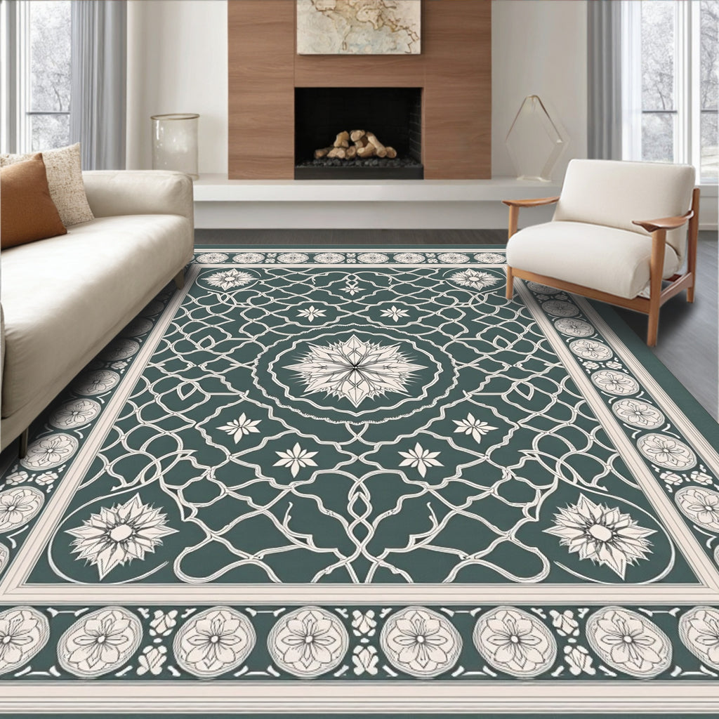 Deep Teal White Floral Arabesque Rug