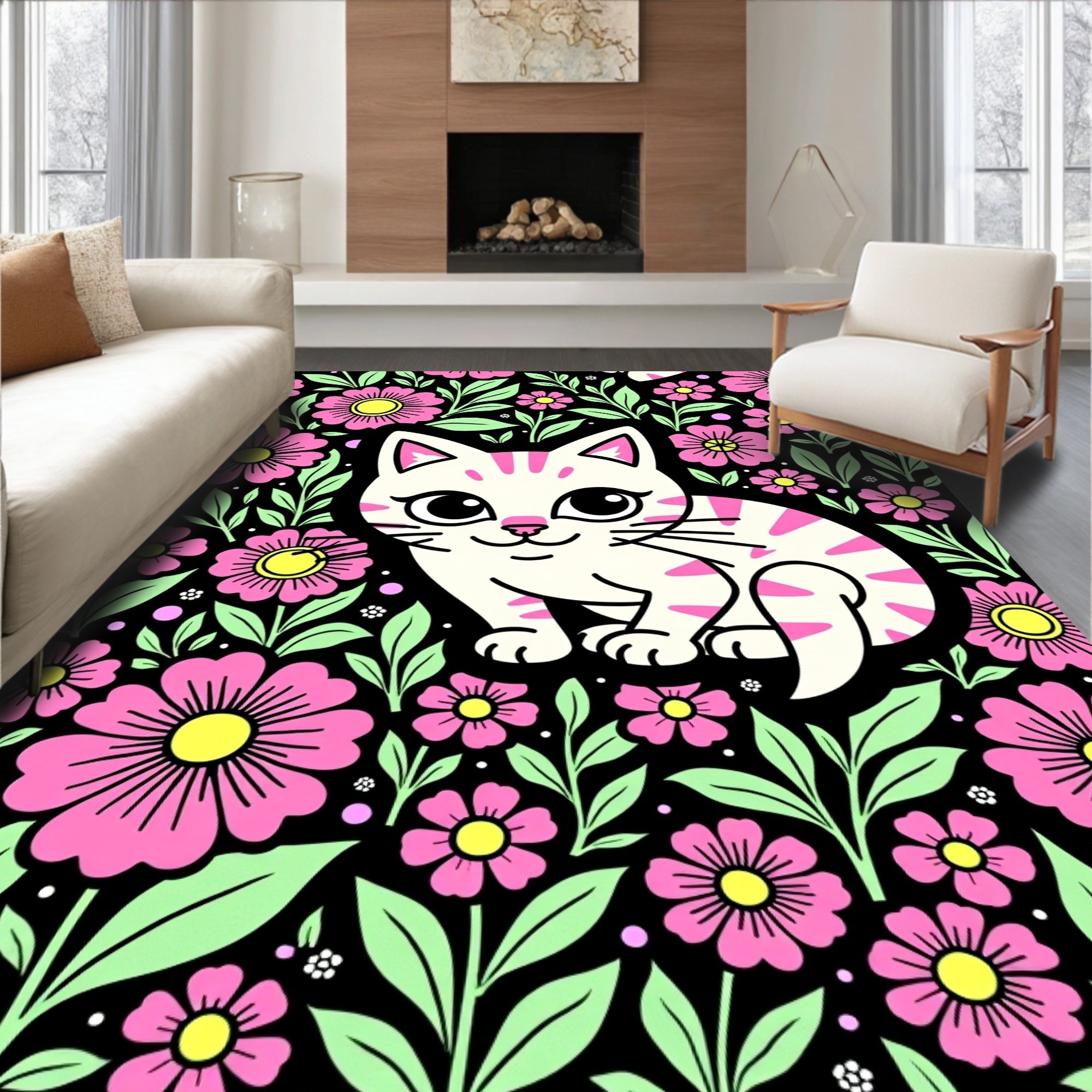 Whimsical Pink Floral Cat Garden Rug